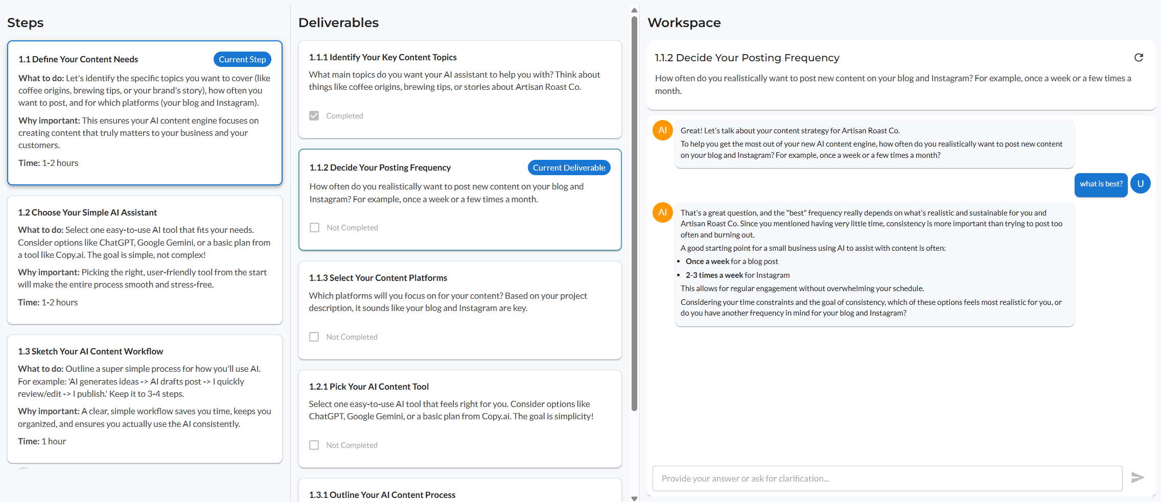 Ardan deliverable workspace showing guided execution